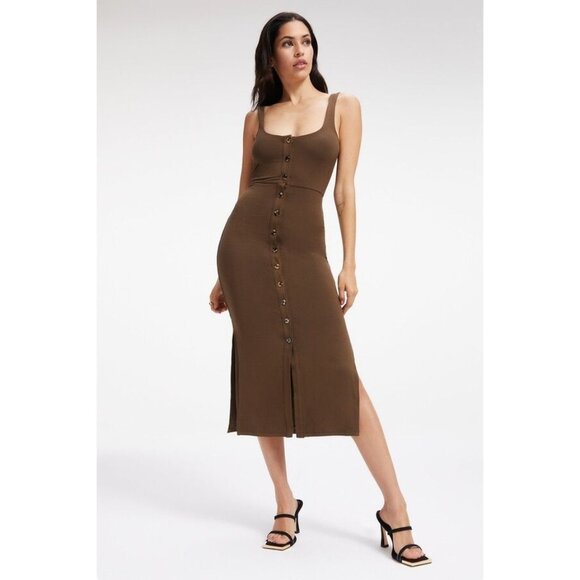 Good American Jersey Button-Front Midi Dress Sleeveless Stretch Brown 2 US M - Picture 1 of 6